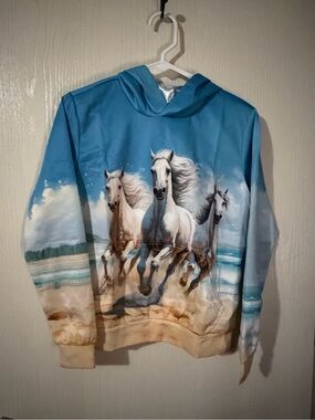 Kids Blue Horse Graphic Hoodie - Running Horses Size Medium